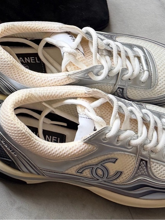 CHANEL Shoes - White & Silver Mesh Logo Sneakers